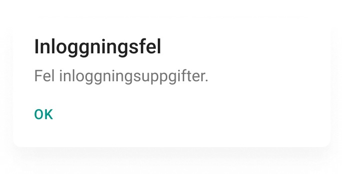 Ett felmeddelande med rubriken "Inloggningsfel", texten "Ett autentiseringsfel har inträffat" och knapp "Ok".