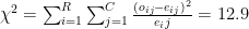 \chi^2 = \sum_{i=1}^R\sum_{j=1}^{C} \frac{(o_{ij} - e_{ij})^2}{e_ij} = 12.9